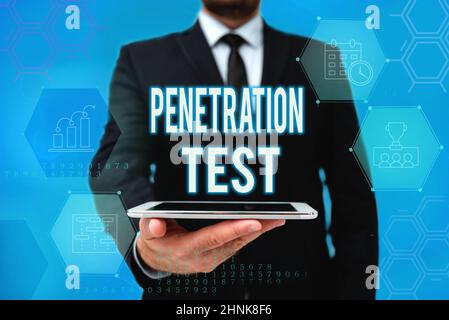 Text showing inspiration Penetration Test, Internet Concept authorized simulated cyberattack on a computer system Man In Office Uniform Holding Tablet Stock Photo