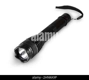 black police handheld flashlight with taser isolated on white Stock Photo