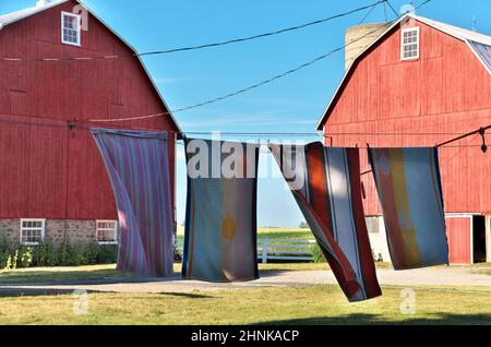 Towels Drying on a Clothesline at a Rural Farm in Ontario Stock Photo