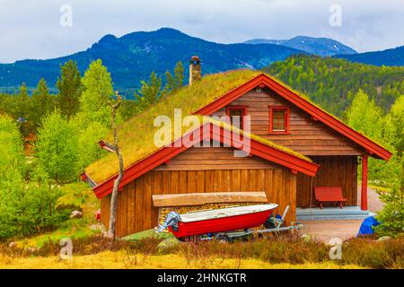 Norwegian wooden cabins cottages in the nature landscape Nissedal Norway. Stock Photo