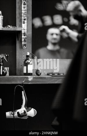 the tools of a Barber on the desktop Stock Photo