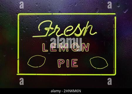 Pie Window Sign Fresh Homemade Food Neon Sign in Rainy Window Stock Photo - Alamy