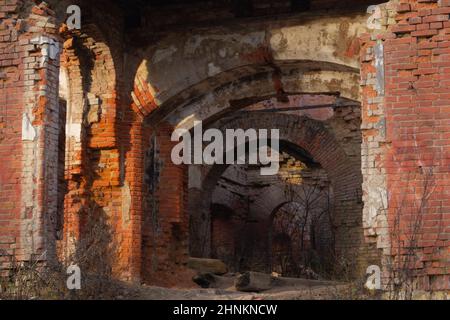 Old ruins. destroyed red brick walls of ancient building Stock Photo