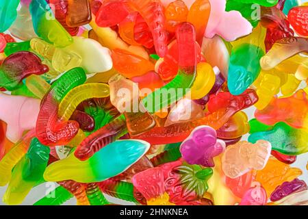 Assorted tasty gummy candies. Top view. Fruit gummy candies background Stock Photo