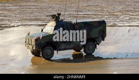 Munster, Germany. 07th Feb, 2022. The all-protection transport vehicle of the type Dingo of the German Federal Armed Forces stands on the military training area. Credit: Philipp Schulze/dpa/Alamy Live News Stock Photo