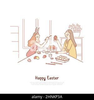 Mother with daughter painting pysanka, girl in bunny ears holding paint brush, easter tradition banner. Spring holiday preparations, eggs decorating c Stock Photo