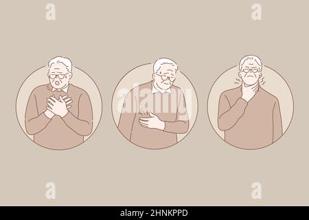 Pain, desease, old age set concept. Unhappy old man caughs because of pneumonia and holds his chest. Senior male is feeling pain in heart area. Grandf Stock Photo