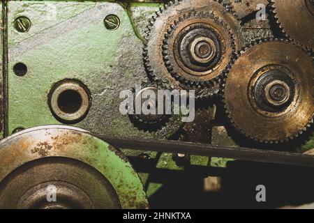 Gears of industrial machine. detail of mechanism. old cogwheels of machinery Stock Photo