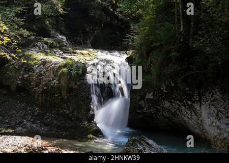 the small waterfalls of a stream that flows through the woods Stock Photo