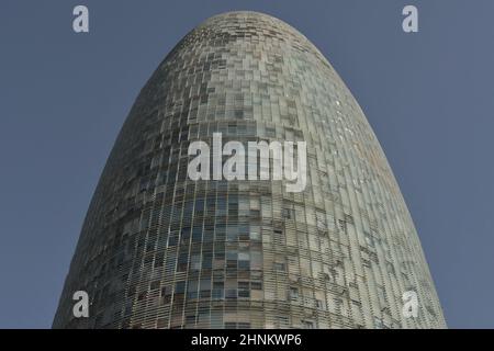 Torre Glories, modern glass skyscraper facade detail. Designed by French architect Jean Nouvel in Barcelona Spain. Stock Photo