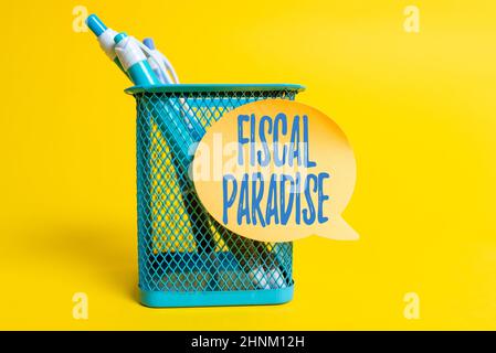 Hand writing sign Fiscal Paradise, Word for The waste of public money is a great concern topic Colorful Idea Presentation Displaying Fresh Thoughts Se Stock Photo