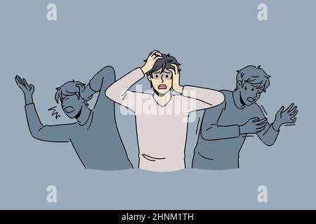 Inner fears and panic concept. Young stressed frustrated man feeling chocked with afraid shadows around vector illustration Stock Photo