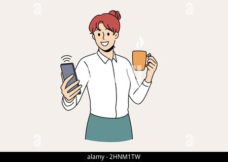Making selfie and technologies concept. Young smiling woman office worker cartoon character standing holding cup oh hot drink making selfie on camera Stock Photo
