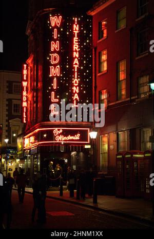 Windmill strip club at night, in Soho, London, England Stock Photo