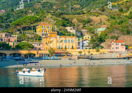 Monterosso al Mare, Colorful cityscape on the mountains over Mediterranean sea in Cinque Terre Italy Stock Photo