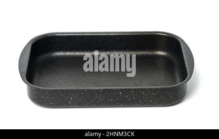 empty black rectangular non-stick oven tray isolated on white background, top view Stock Photo