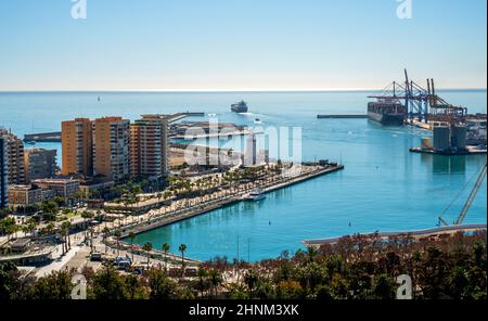 Panoramic view over the harbor of Malaga, Spain Stock Photo