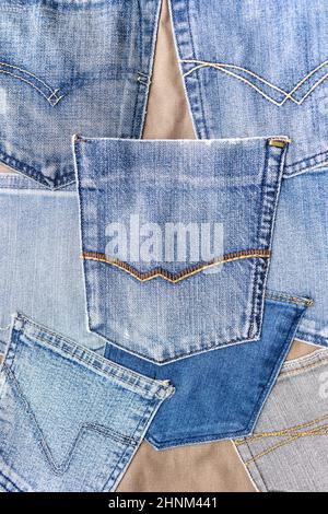 cloth handcrafted from used denim pockets Stock Photo
