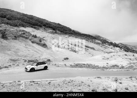 TENERIFE, CANARY ISLANDS, SPAIN - JULY 07, 2021: 'Lunar landscape' on the Teno Upland (Paisaje Lunar En Teno Alto). Black and white. Stock Photo