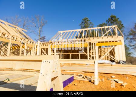 Framing for new house under construction, selective focus for background Stock Photo