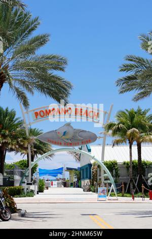 Pompano Beach, Florida Fisher Family Pier Sign in the Day Stock Photo