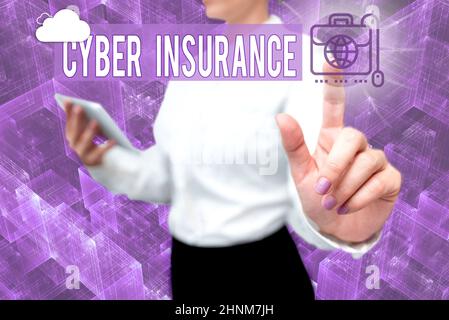 Sign displaying Cyber Insurance, Word for protect business and users from Internetbased risks Lady In Uniform Standing Hold Phone Virtual Press Button Stock Photo