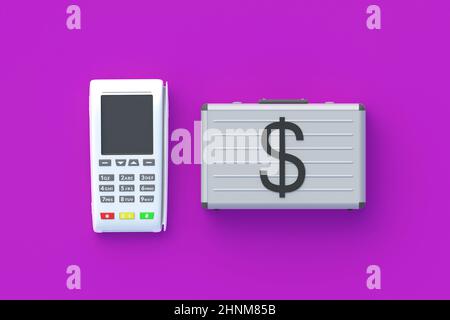 Suitcase with symbol of dollar near cash register. Cash and non-cash payments. Bank transfer. Collection of profits. Income control. Financial operati Stock Photo