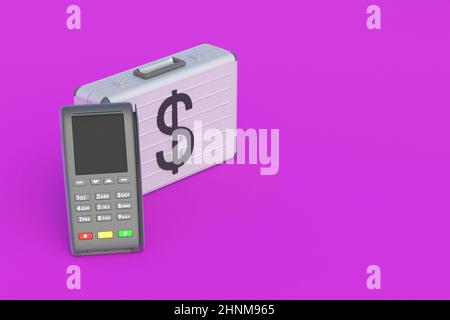 Suitcase with symbol of dollar near cash register. Cash and non-cash payments. Bank transfer. Collection of profits. Income control. Financial operati Stock Photo