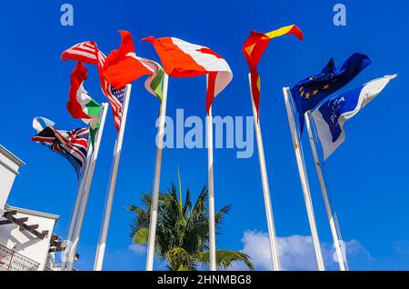 Flags of many countries like spain united states canada Mexico. Stock Photo