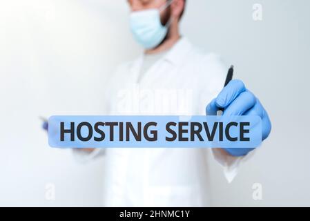 Text showing inspiration Hosting Service, Business idea provides services for the website to be seen in the Internet Scientist Demonstrating New Techn Stock Photo