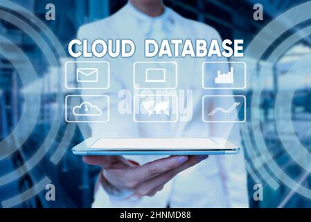 Sign displaying Cloud Database, Business idea optimized or built for a virtualized computing environment Lady Uniform Standing Tablet Hand Presenting Stock Photo