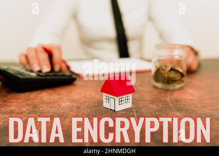 Sign displaying Data Encryption, Business approach Symmetrickey algorithm for the encrypting electronic data New home installments and investments pla Stock Photo