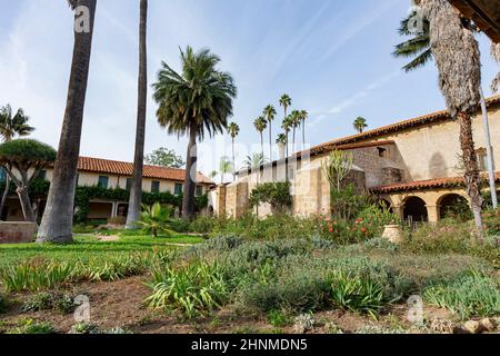 Sunny exterior view of the Old Mission Santa Barbara at California Stock Photo