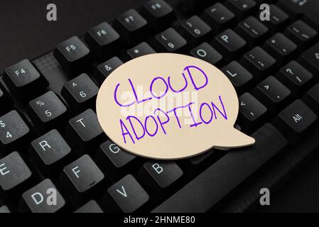 Text sign showing Cloud Adoption, Internet Concept strategic move by organisations of reducing cost and risk Composing New Email Message, Researching Stock Photo