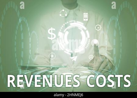 Conceptual display Revenues Costs. Conceptual photo Total amount of money in Manufacturing and Delivery a product Lady In Uniform Holding Tablet In Hand Virtually Tapping Futuristic Tech. Stock Photo