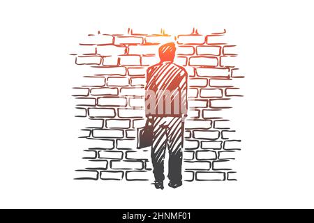 Dead end, problem, impasse, ponder concept. Hand drawn man stand in front of brick wall, symbol of dead-end concept sketch. Isolated vector illustrati Stock Photo