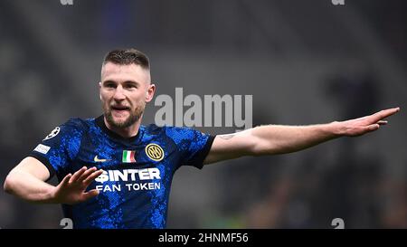 Milan, Italy. 16 February 2022. Milan Skriniar of FC Internazionale gestures during the Champions League round of sixteen first leg football match between FC Internazionale and Liverpool FC. Credit: Nicolò Campo/Alamy Live News Stock Photo