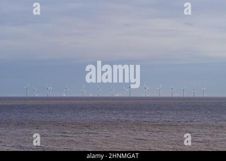 Wind Turbines Offshore of Clacton On Sea at Gunfleet Sands. Stock Photo