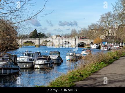 Richmond bridge and the River Thames riverside on a sunny winters day, Richmond  Greater London England UK Stock Photo