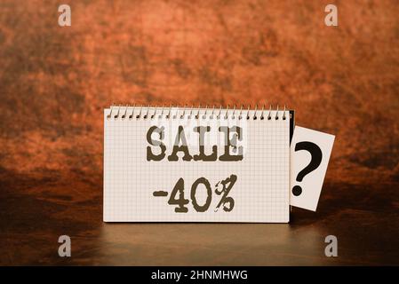 Text showing inspiration Sale 40 Percent, Word for A promo price of an item at 40 percent markdown Brainstorming The New Idea Of Solutions And Answers Stock Photo