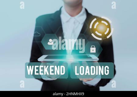 Hand writing sign Weekend Loading, Business approach Starting Friday party relax happy time resting Vacations Lady In Uniform Holding Phone And Showin Stock Photo