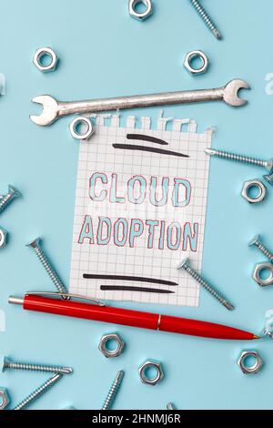 Conceptual display Cloud Adoption, Word Written on strategic move by organisations of reducing cost and risk New Repair Ideas Brainstoming For Mainten Stock Photo