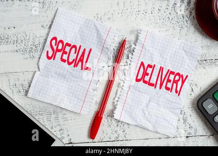 Text sign showing Special Delivery, Business showcase delivery of a letter or package quicker and more expensive Display of Different Color Sticker No Stock Photo