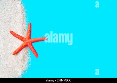 Red starfish figuring on a pile of sand isolated on blue background. Seacoast vacation background concept. Stock Photo