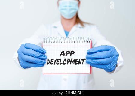 Handwriting text App Development, Business concept Development services for awesome mobile and web experiences Demonstrating Medical Ideas Presenting Stock Photo