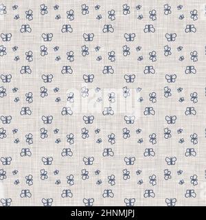 Farmhouse blue butterfly linen seamless pattern. Tonal french country cottage style farm animal background. Simple vintage rustic fabric textile Stock Photo