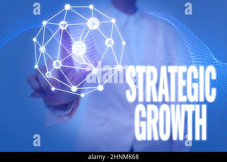 Conceptual display Strategic Growth, Concept meaning create plan or schedule to increase stocks or improvement Lady In Uniform Holding Tablet In Hand Stock Photo