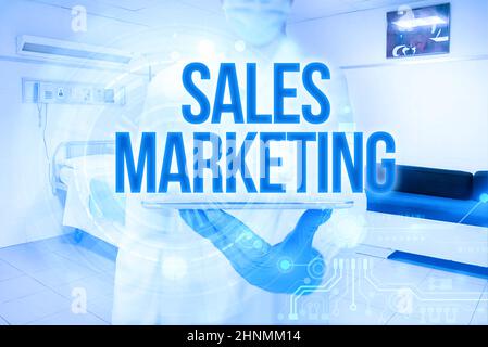 Handwriting text Sales Marketing, Internet Concept introducing product or service in order to get bought Woman Suit Writing On Screen Holding Tablet S Stock Photo