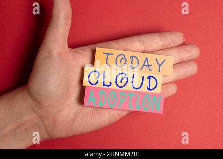 Text sign showing Cloud Adoption, Internet Concept strategic move by organisations of reducing cost and risk Brainstorming Problems And Solutions Aski Stock Photo