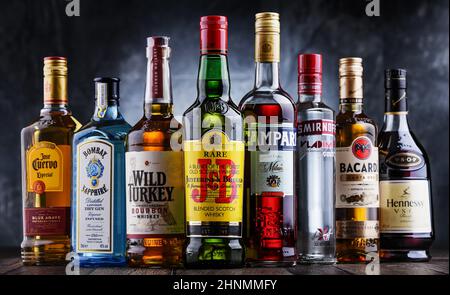 Bottles of assorted global liquor brands Stock Photo